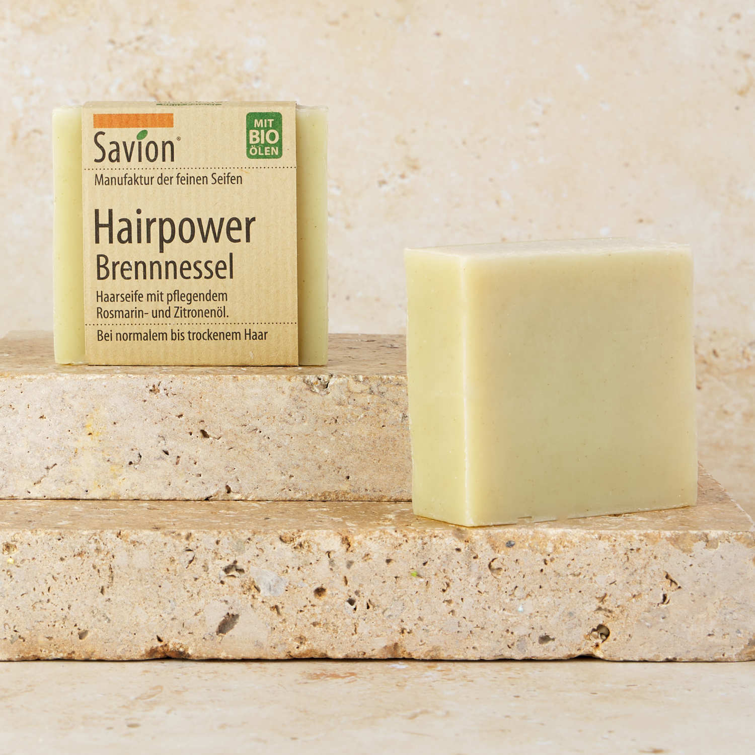 Savion_Haarseife_Brennessel_Stapel-1 Haarseife Hairpower Brennessel, 85g