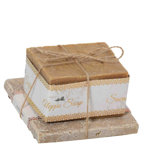 Set cadeau Alep syrien + porte-savon en travertin