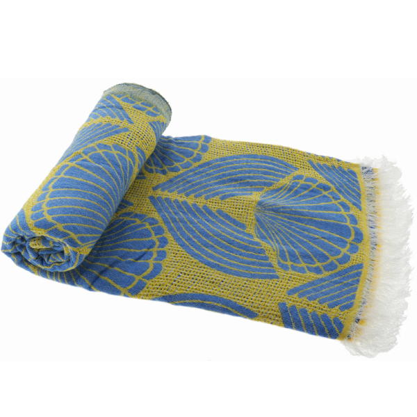 Drap de bain hammam coquillage bleu jaune